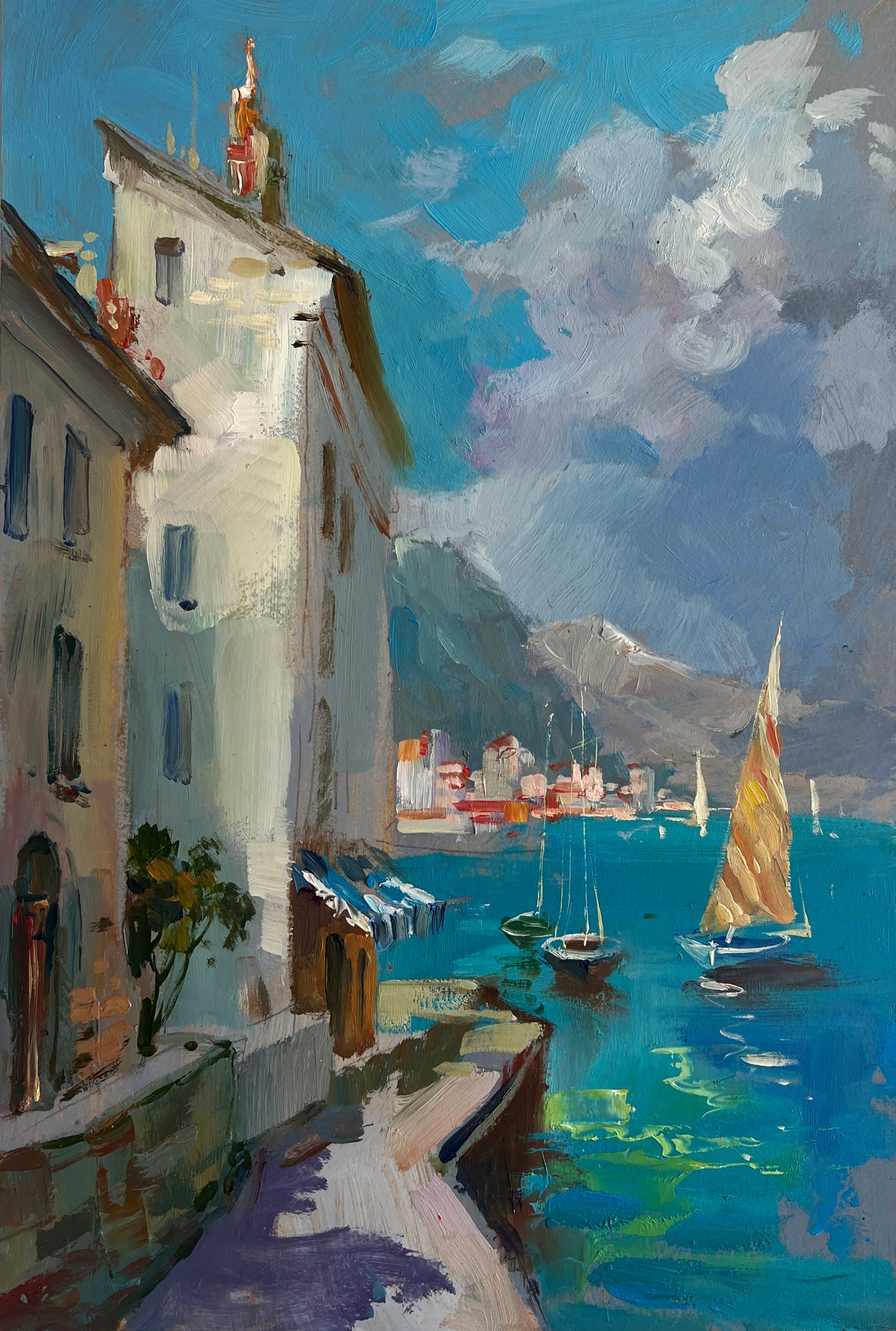 Vibrant impressionist coastal town painting by Yuriy Suprunchuk fine art