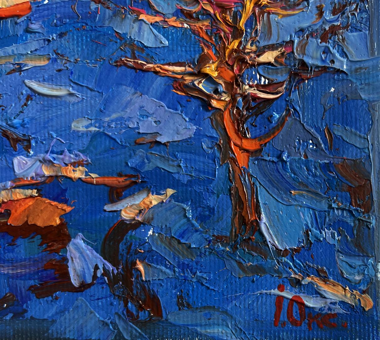 Oil painting The last days of winter by Oksana Ivanyuk, textured tree in orange and brown on blue