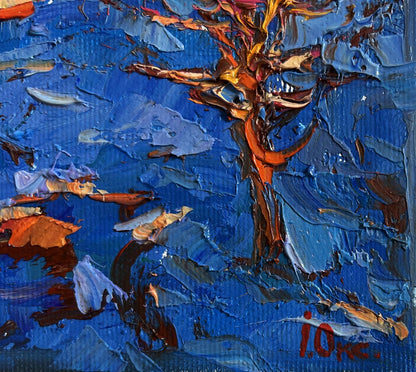 Oil painting The last days of winter by Oksana Ivanyuk, textured tree in orange and brown on blue
