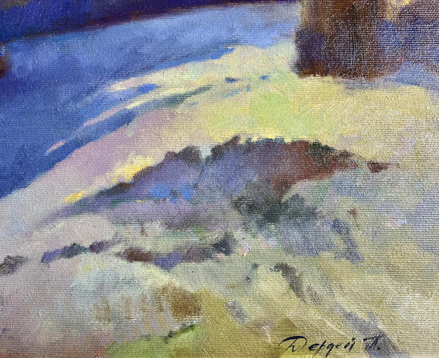 Oil painting Autumn mountains Tatyana Derdey impressionistic blue hues