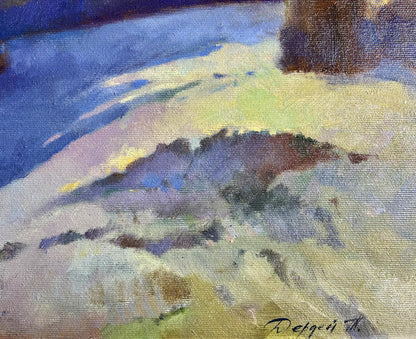 Oil painting Autumn mountains Tatyana Derdey impressionistic blue hues