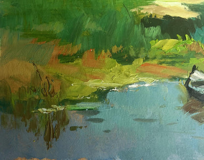 Oil painting Warm weather for fishing by Yuriy Suprunchuk serene river scene