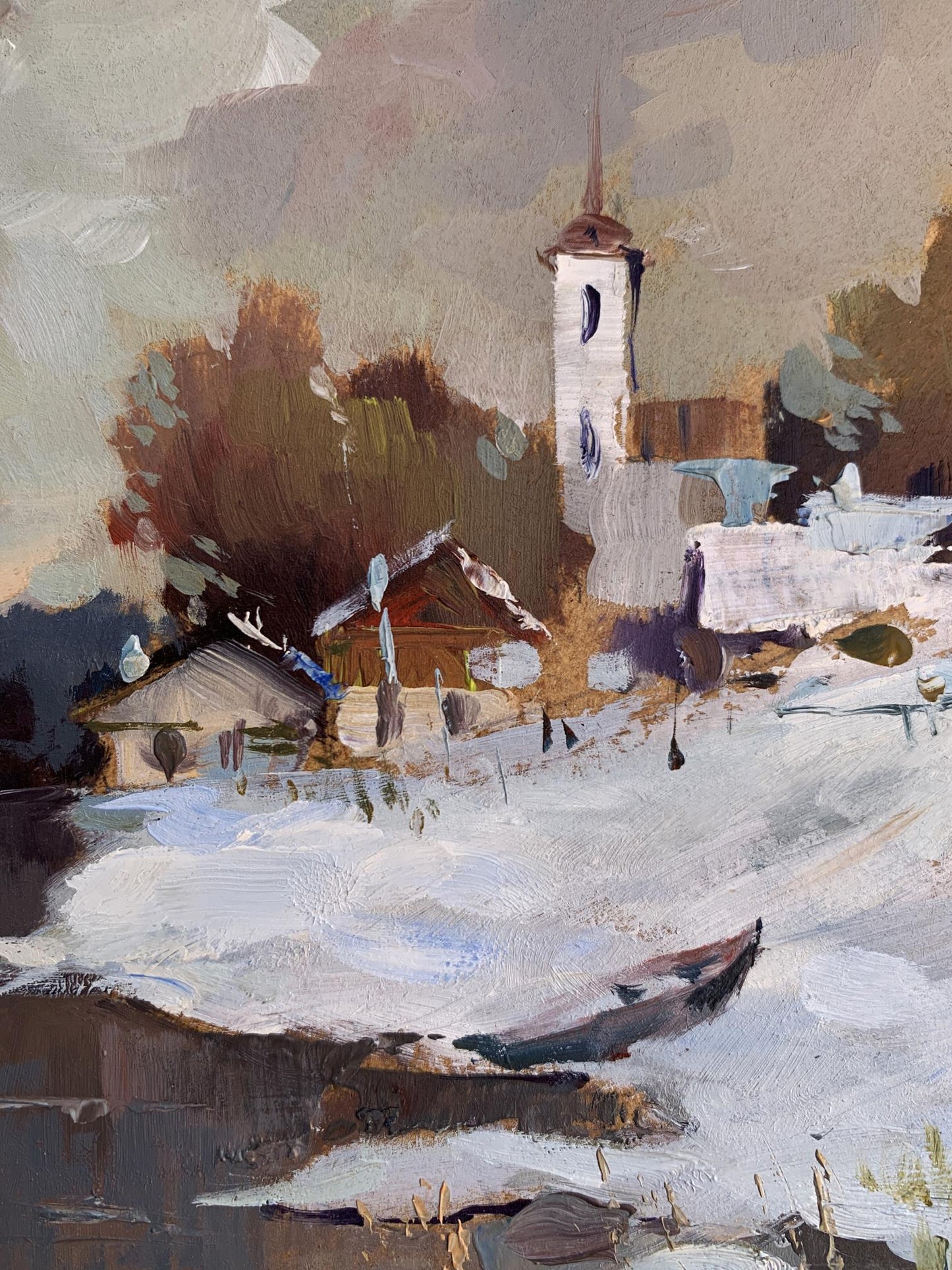 Textured oil painting of snowy village by Yuriy Suprunchuk, Winter evening