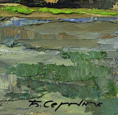 Oil painting Trees above the river by Boris Serdyuk textured green gray blue