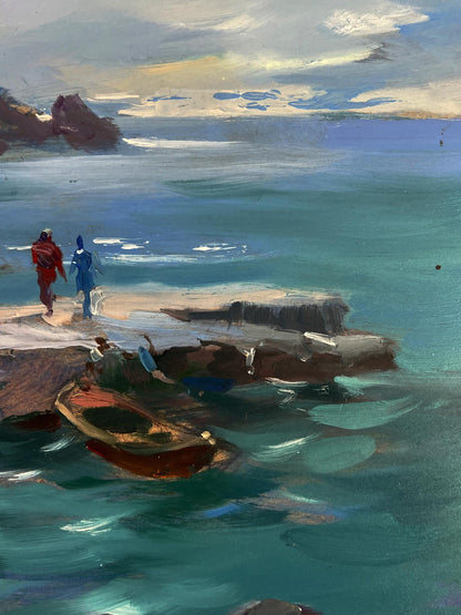 Oil painting Bridge to the Sea by Yuriy Suprunchuk, shoreline scene