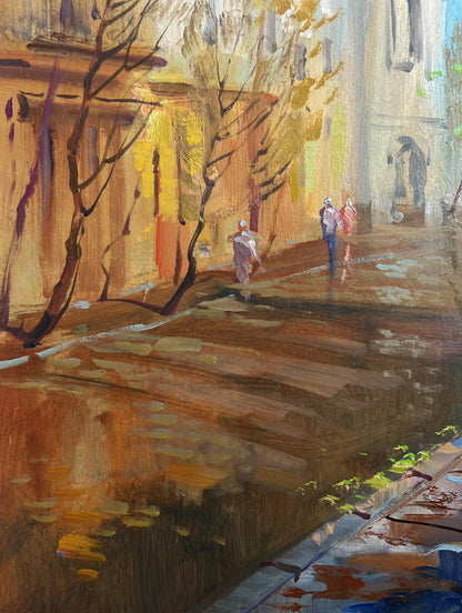 Warm-toned oil painting Autumn City Symphony by Yuriy Suprunchuk rainy street scene