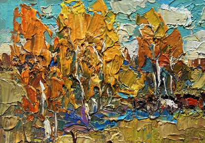 Oil painting Autumn sunny day by Oksana Ivanyuk, vibrant orange trees