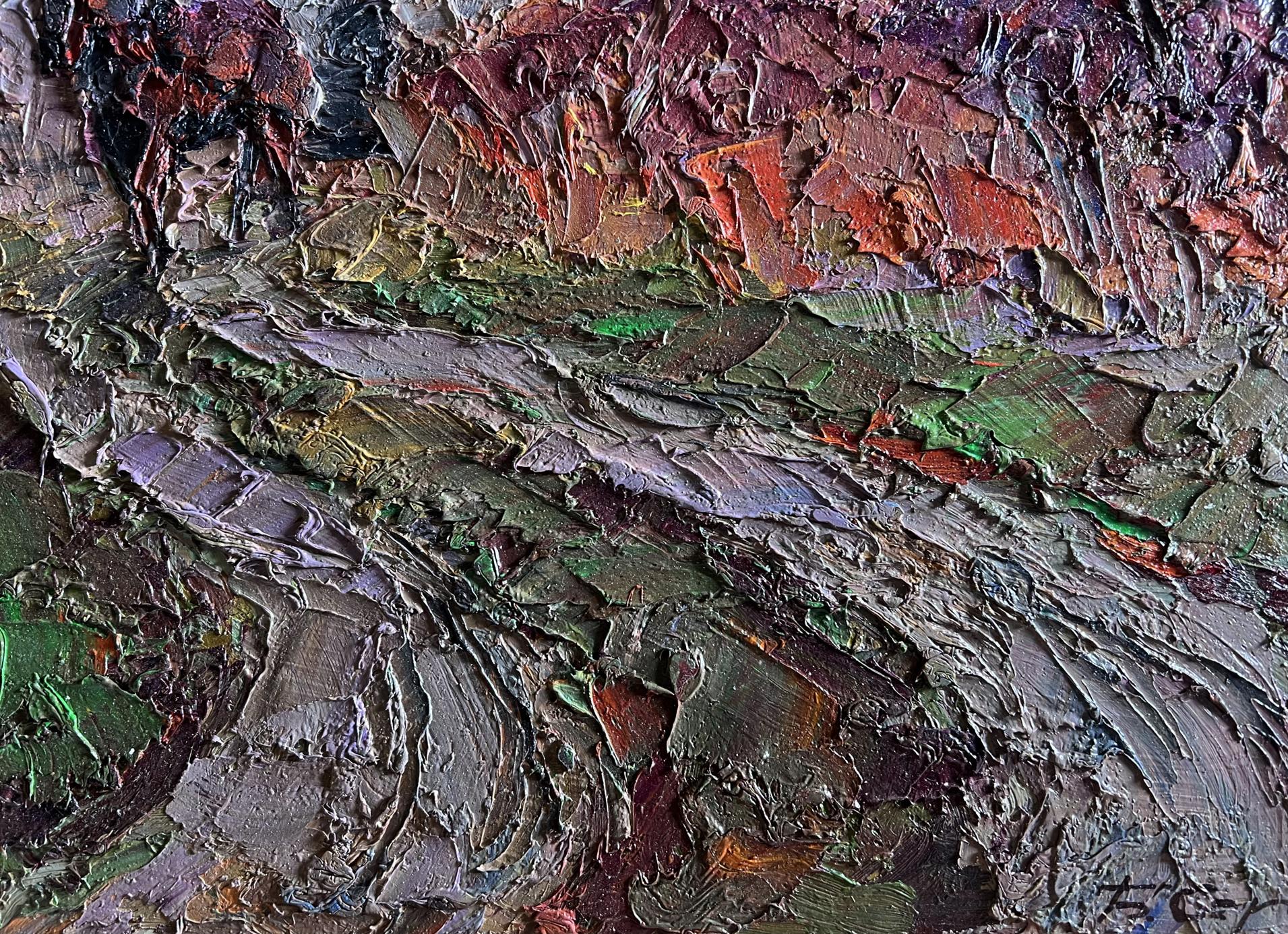 Oil painting of horse walking path by Boris Serdyuk, impasto earthy tones