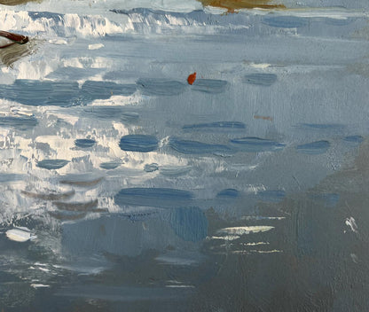 Textured oil painting of calm blue-gray ocean at sunset by Yuriy Suprunchuk