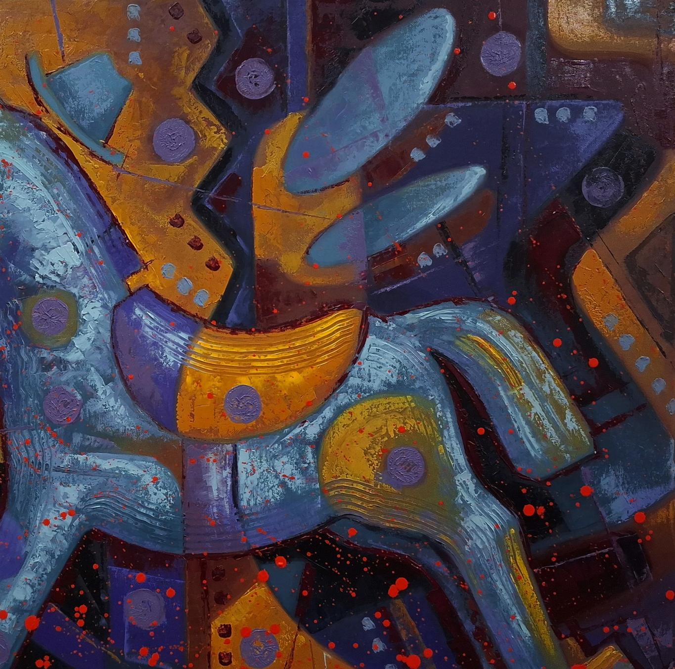 Sergiy Voichenko oil painting of geometric blue gold rocking horse