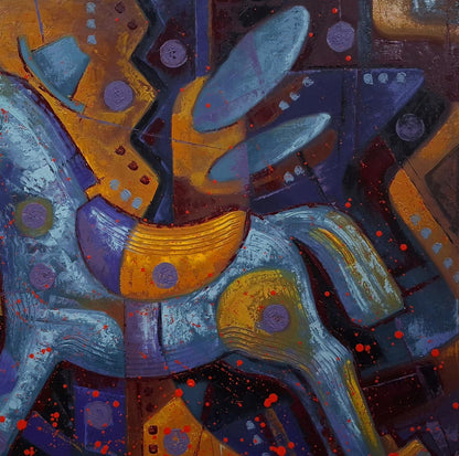 Sergiy Voichenko oil painting of geometric blue gold rocking horse