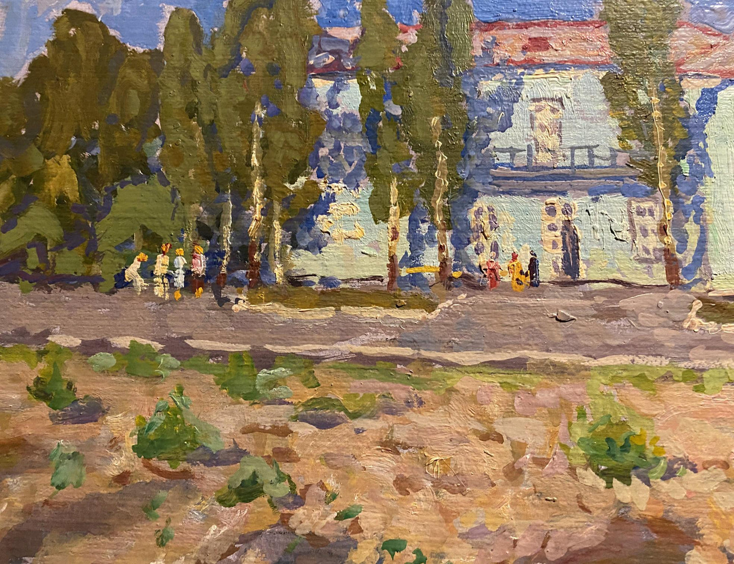 Vibrant impressionistic oil painting by Grigoriy Ruban: sunlit street with trees
