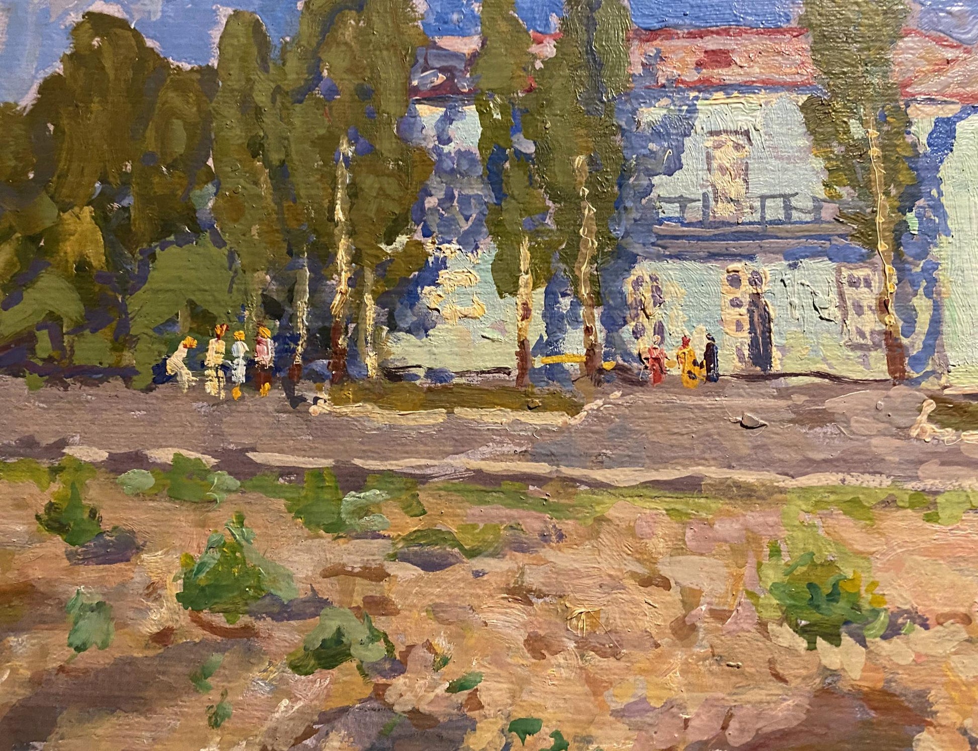 Vibrant impressionistic oil painting by Grigoriy Ruban: sunlit street with trees