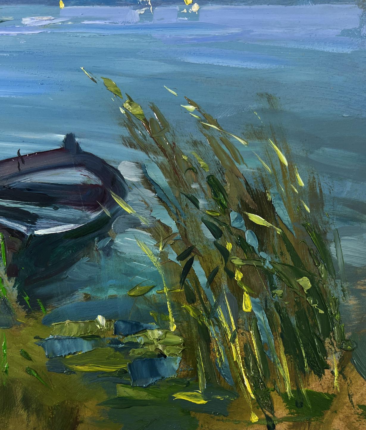 Vibrant impressionist oil painting of lonely boat on river bank by Yuriy Suprunchuk