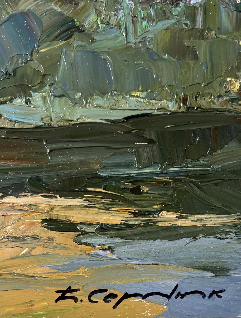 Textured oil painting of bridge over water by Boris Serdyuk in green, black, gold impasto