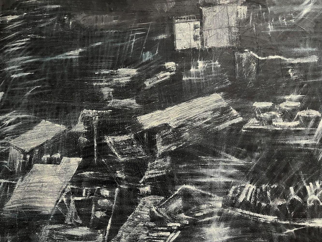 Abstract charcoal urban chaos in Serhiy Kovalev City Twilight oil painting