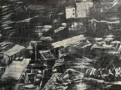 Abstract charcoal urban chaos in Serhiy Kovalev City Twilight oil painting