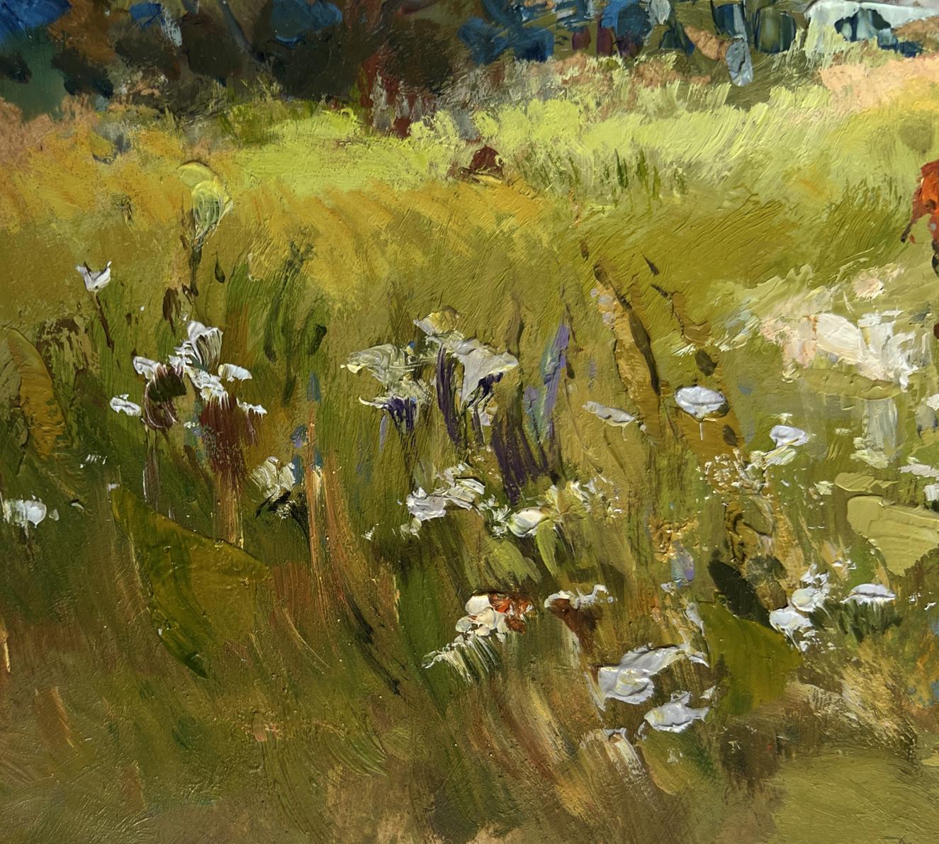 Vibrant impressionist oil painting by Yuriy Suprunchuk of sunlit meadow with wildflowers