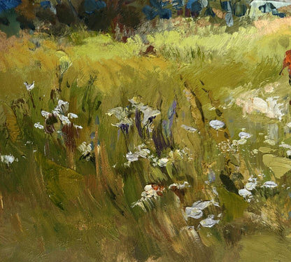 Vibrant impressionist oil painting by Yuriy Suprunchuk of sunlit meadow with wildflowers