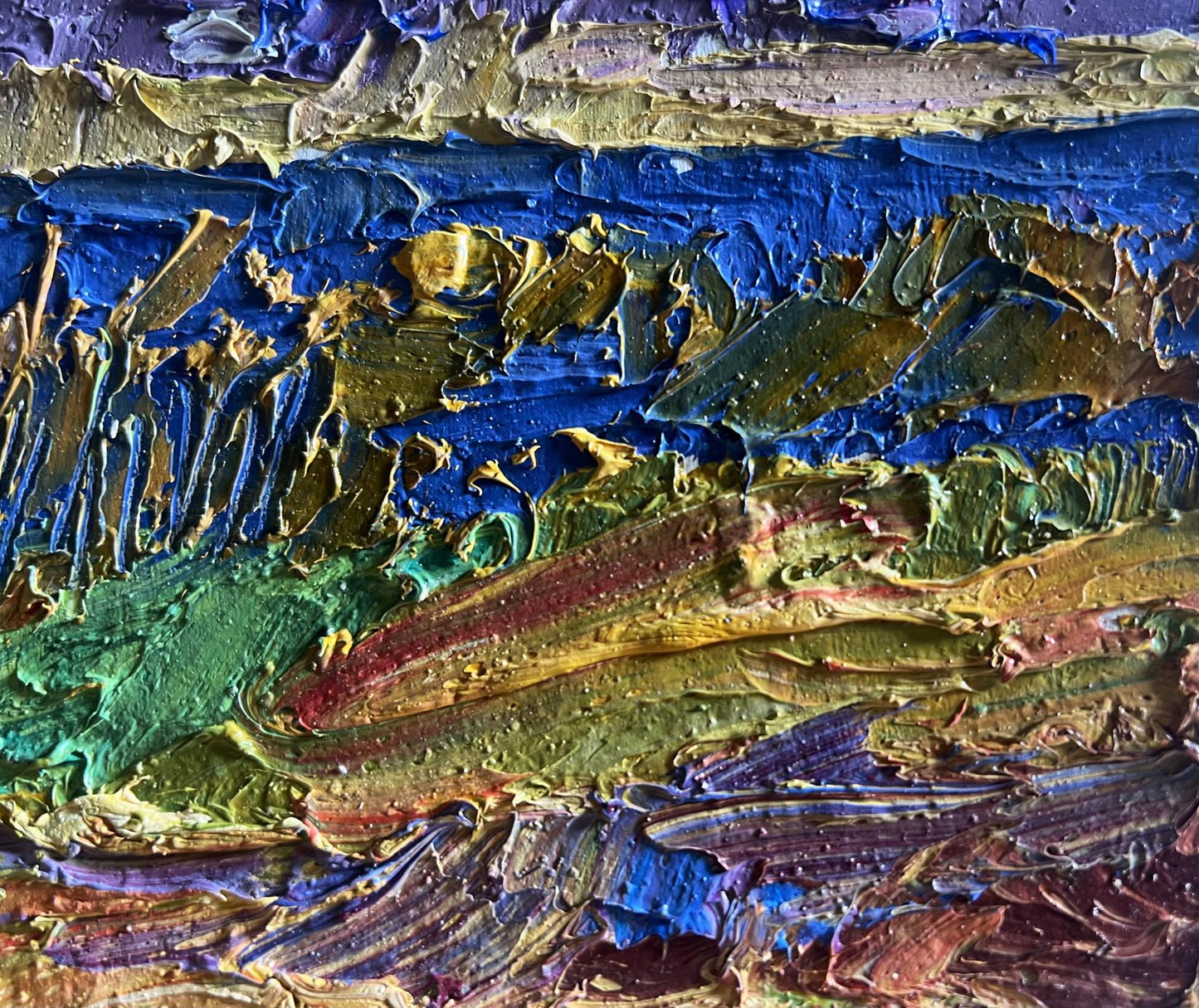 Vibrant impasto oil painting of river and golden field by Boris Serdyuk
