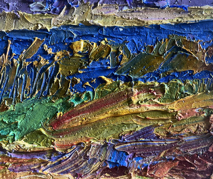 Vibrant impasto oil painting of river and golden field by Boris Serdyuk
