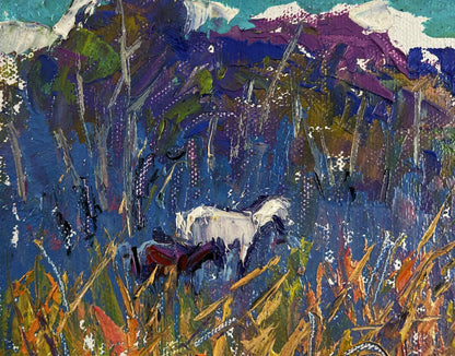 Oil painting of white horse in meadow by Oleksiy Ivanyuk