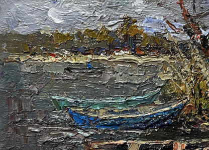 Oil painting Autumn melancholy by Oksana Ivanyuk: blue boat on reflective water