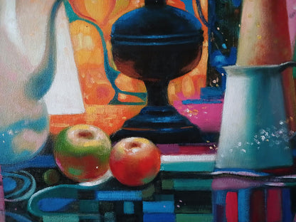 Dark blue ceramic urn in Anatoly Tarabanov oil painting Lamps and apples