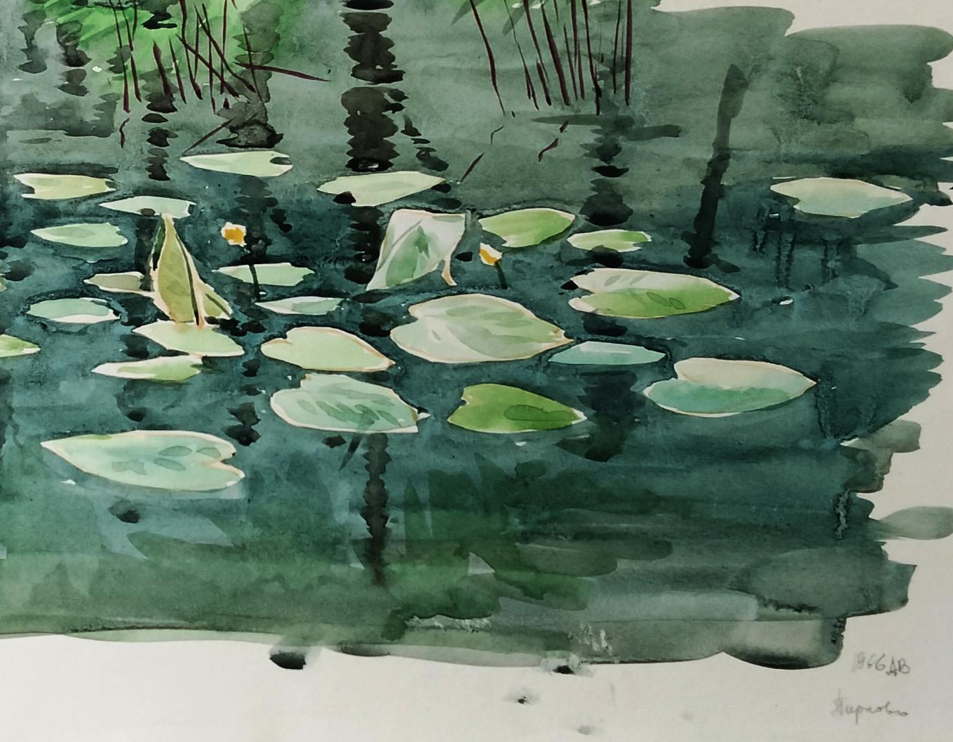 Watercolor painting of tranquil pond with lily pads by Vitaly Duhnevich