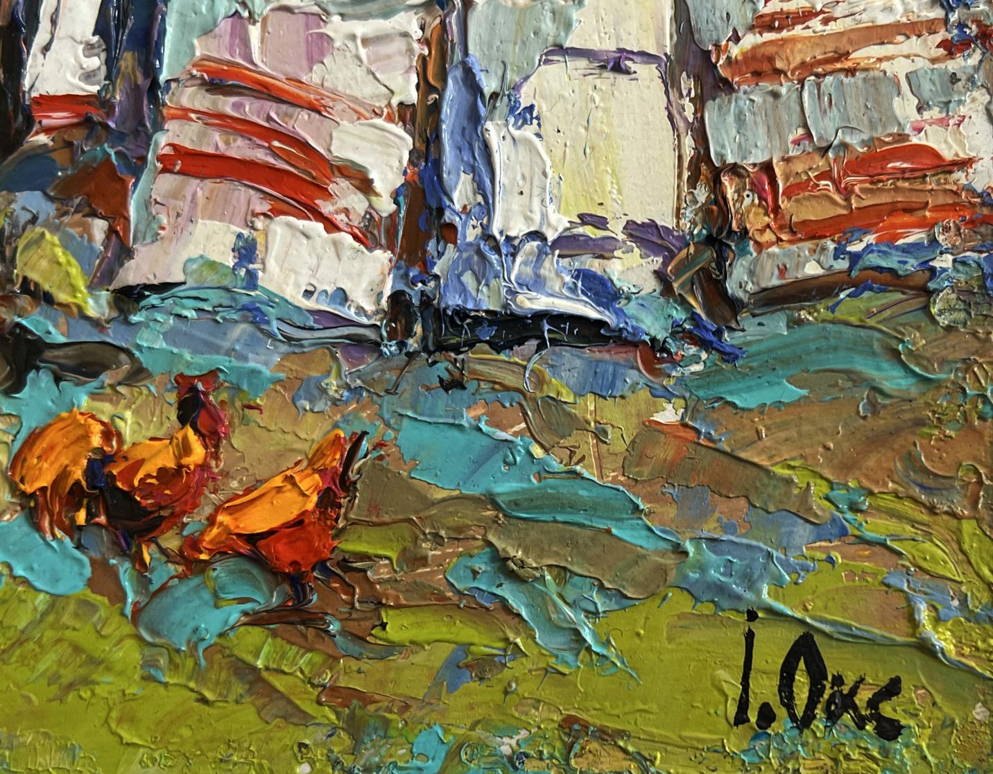 Vibrant orange roosters in Oksana Ivanyuk oil painting of village courtyard