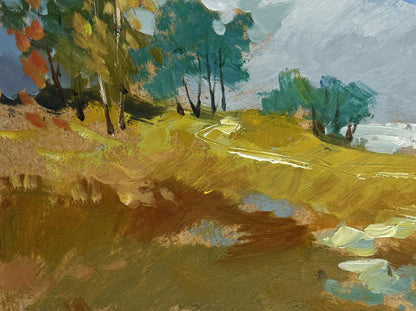 Impressionistic oil painting Autumn trail with fallen leaves by Yuriy Suprunchuk