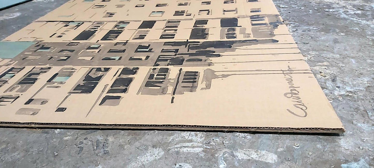 Back of watercolor painting Mom Dima Filatov: beige cardboard map with streets