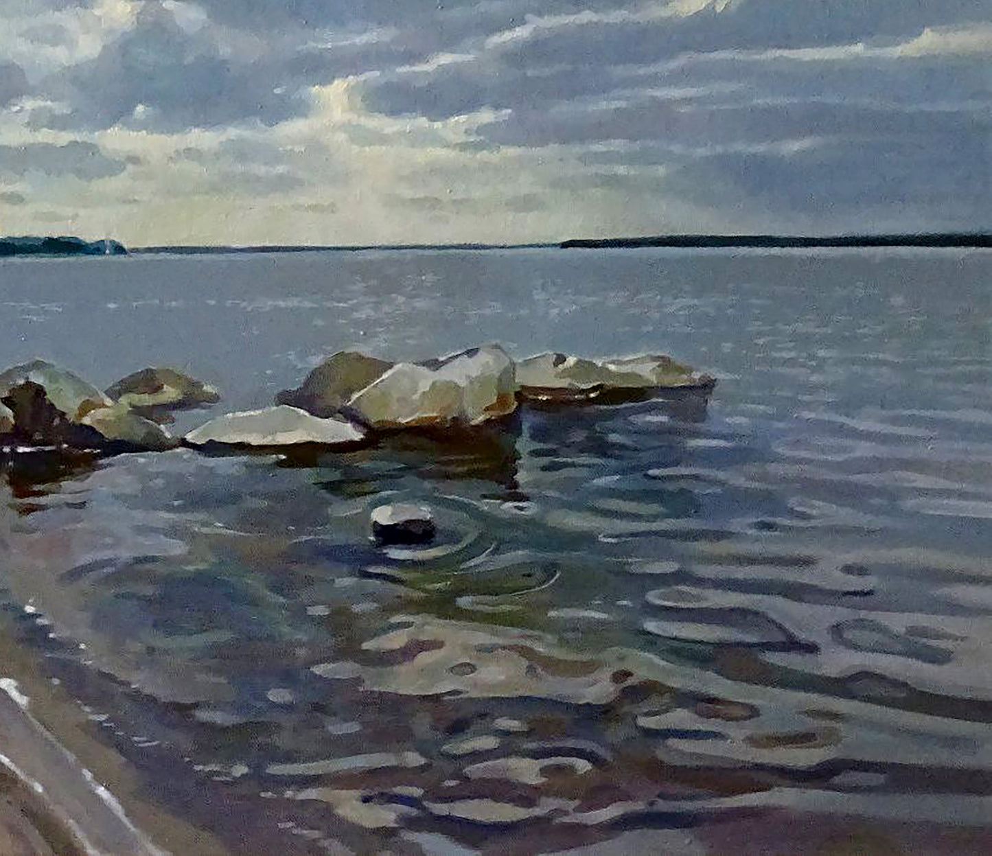 Oil painting by Anastasia Yaroshevich: gray rocks in rippling water under cloudy sky