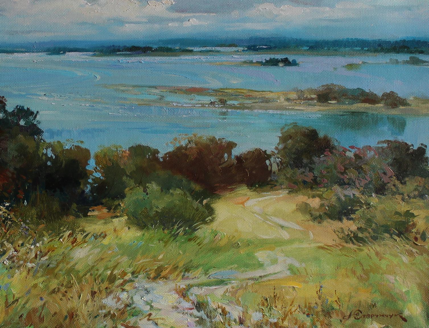 Serene impressionistic oil painting by Yuriy Suprunchuk: path to tranquil waterway