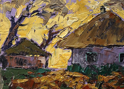 Oil painting Yellow sunset behind houses by Oleksiy Ivanyuk