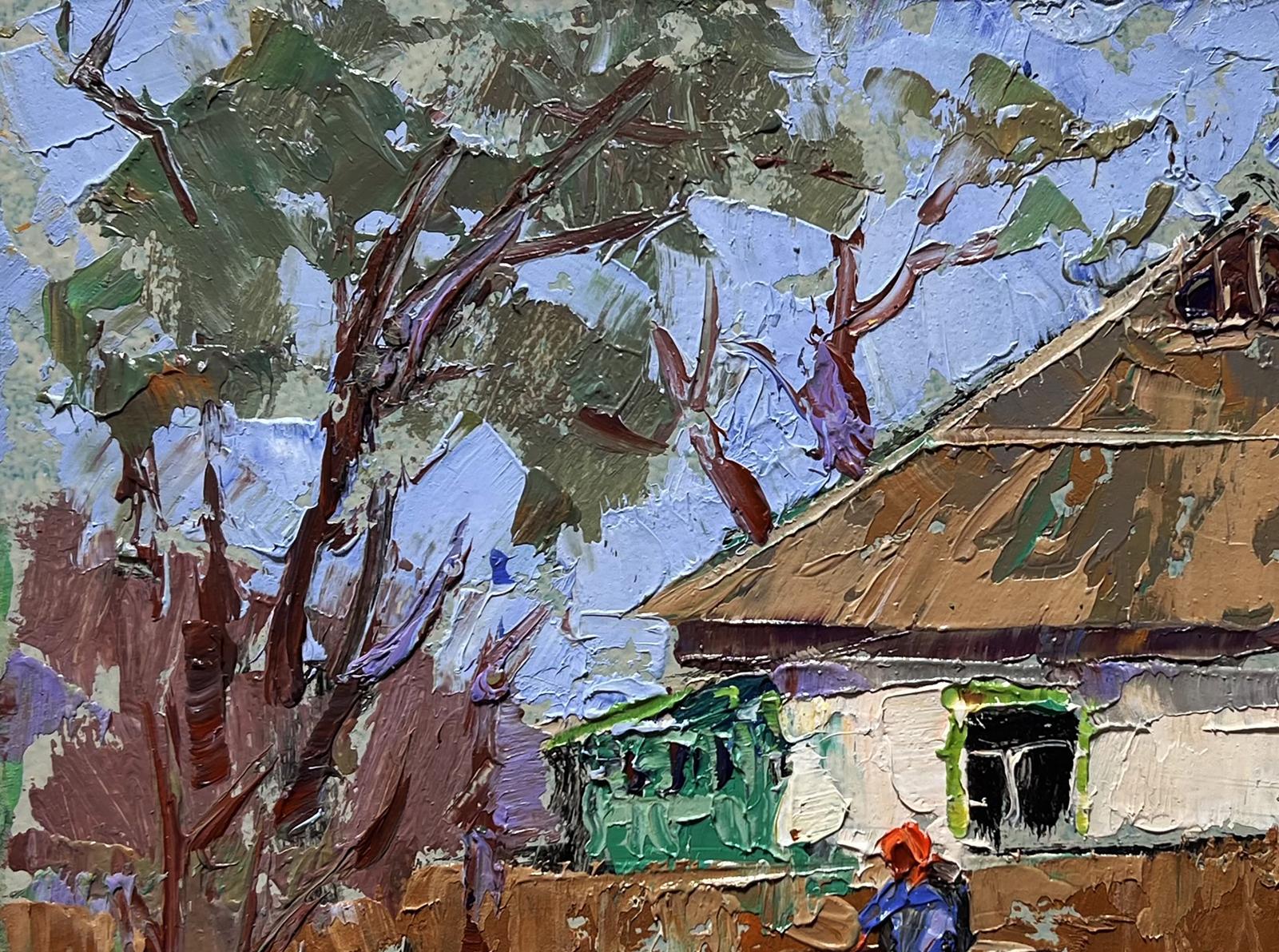 Oil painting by Oleksiy Ivanyuk: Grandma on bench, rustic house under trees