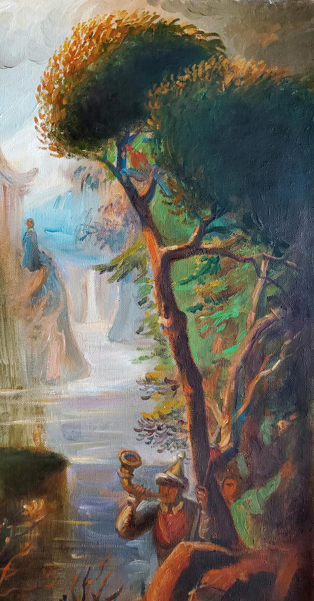 Oil painting Hunting in Ancient China by Daniil Litvinov with lush tree