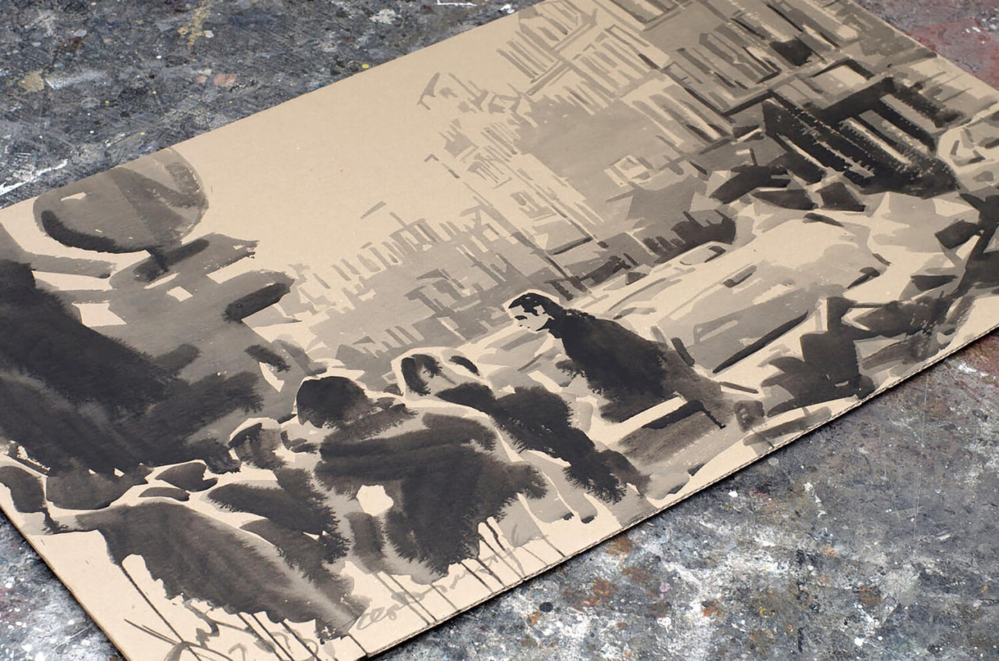 Sepia inkblot urban silhouettes plaque by Dima Filatov