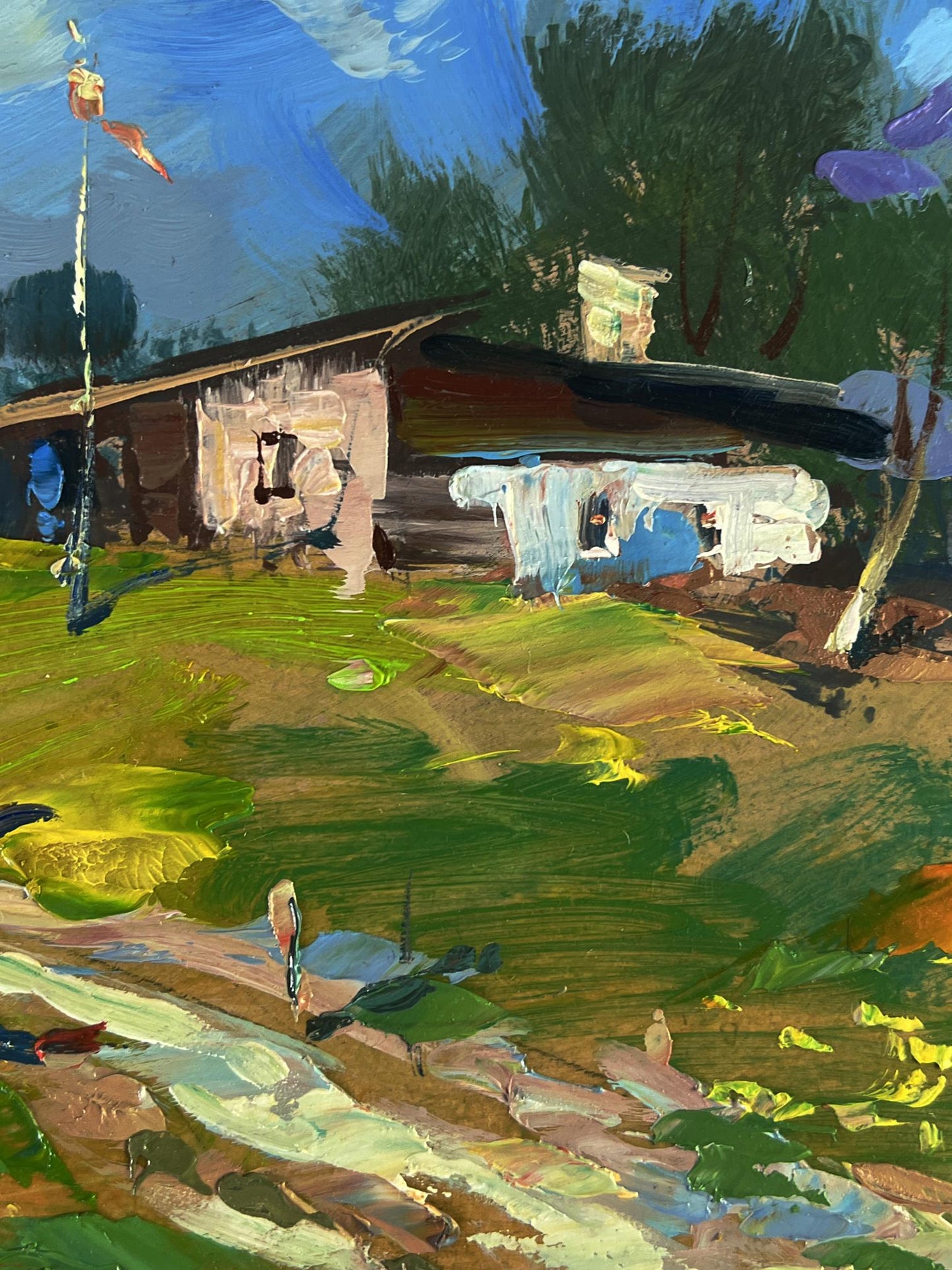 Oil painting The way home by Yuriy Suprunchuk: rustic weathered wooden house
