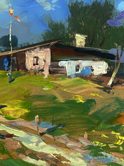 Oil painting The way home by Yuriy Suprunchuk: rustic weathered wooden house