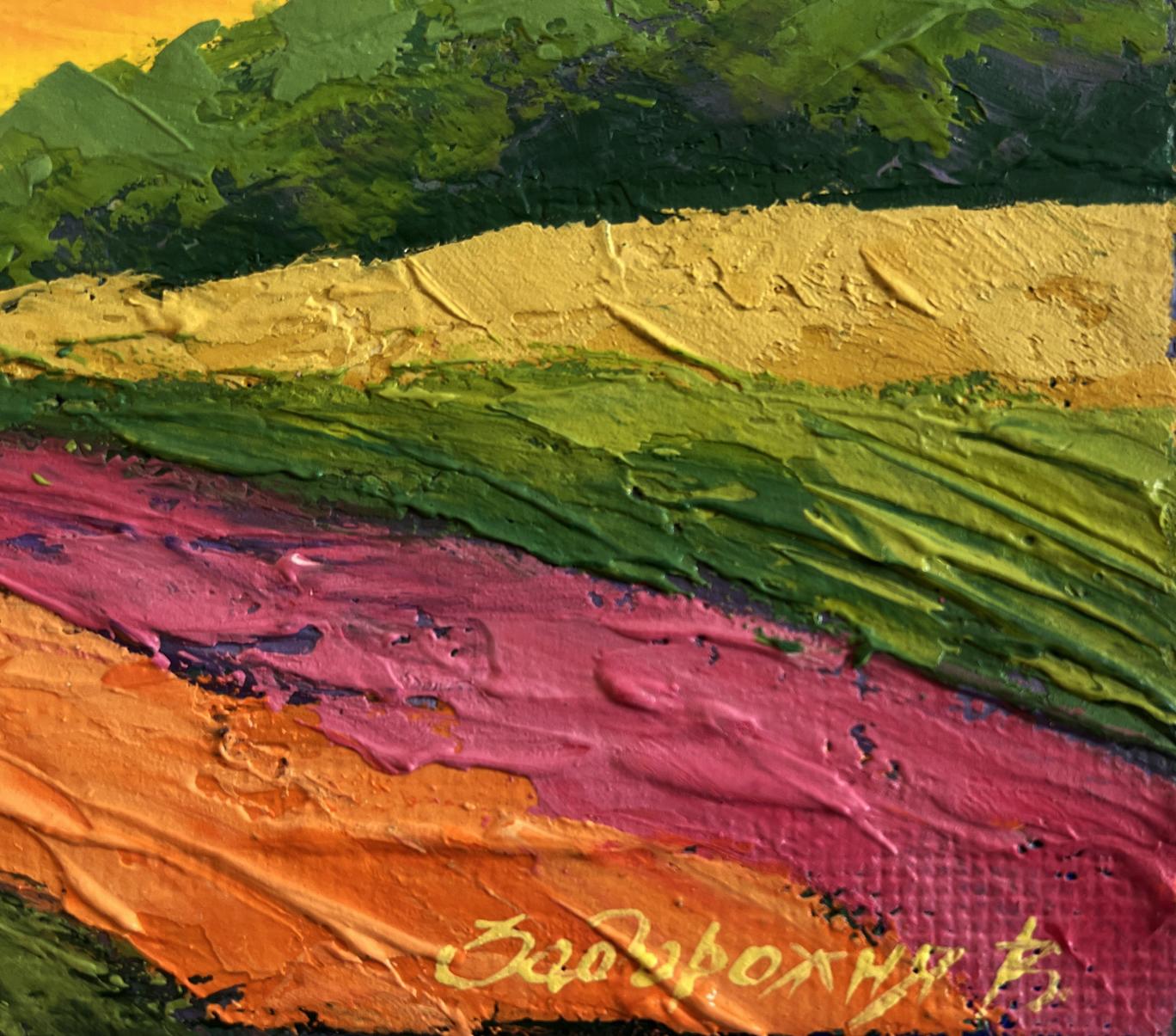 Vibrant oil painting of forest area with sunset by V. Zadorozhnya