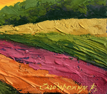 Vibrant oil painting of forest area with sunset by V. Zadorozhnya