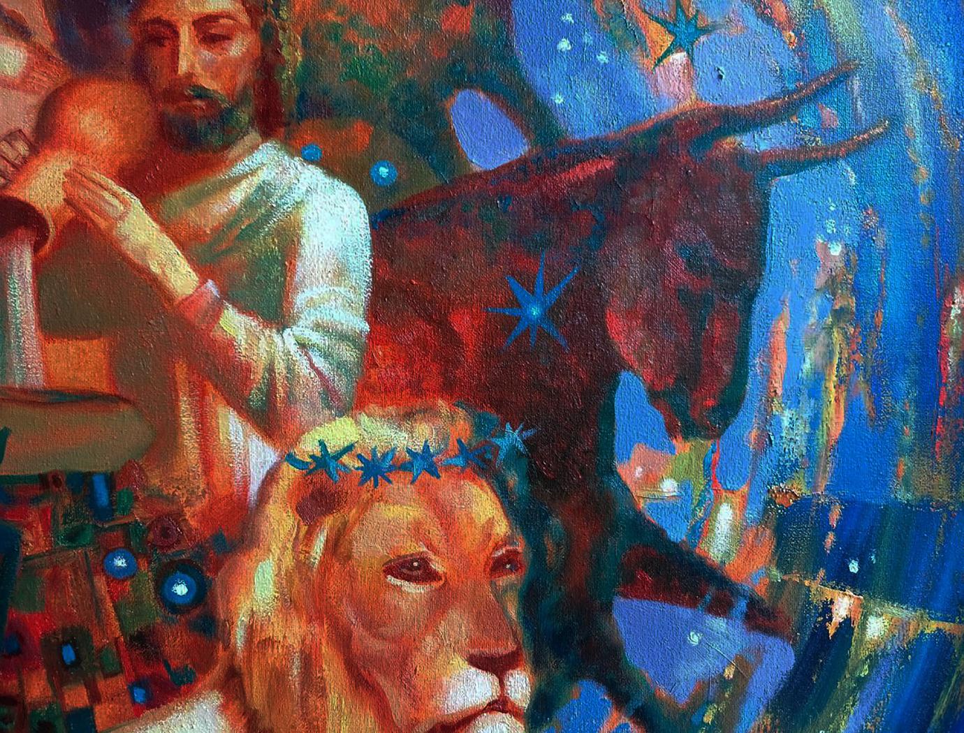 Abstract zodiac oil painting by Anatoly Tarabanov: golden lion with starry crown, red bull