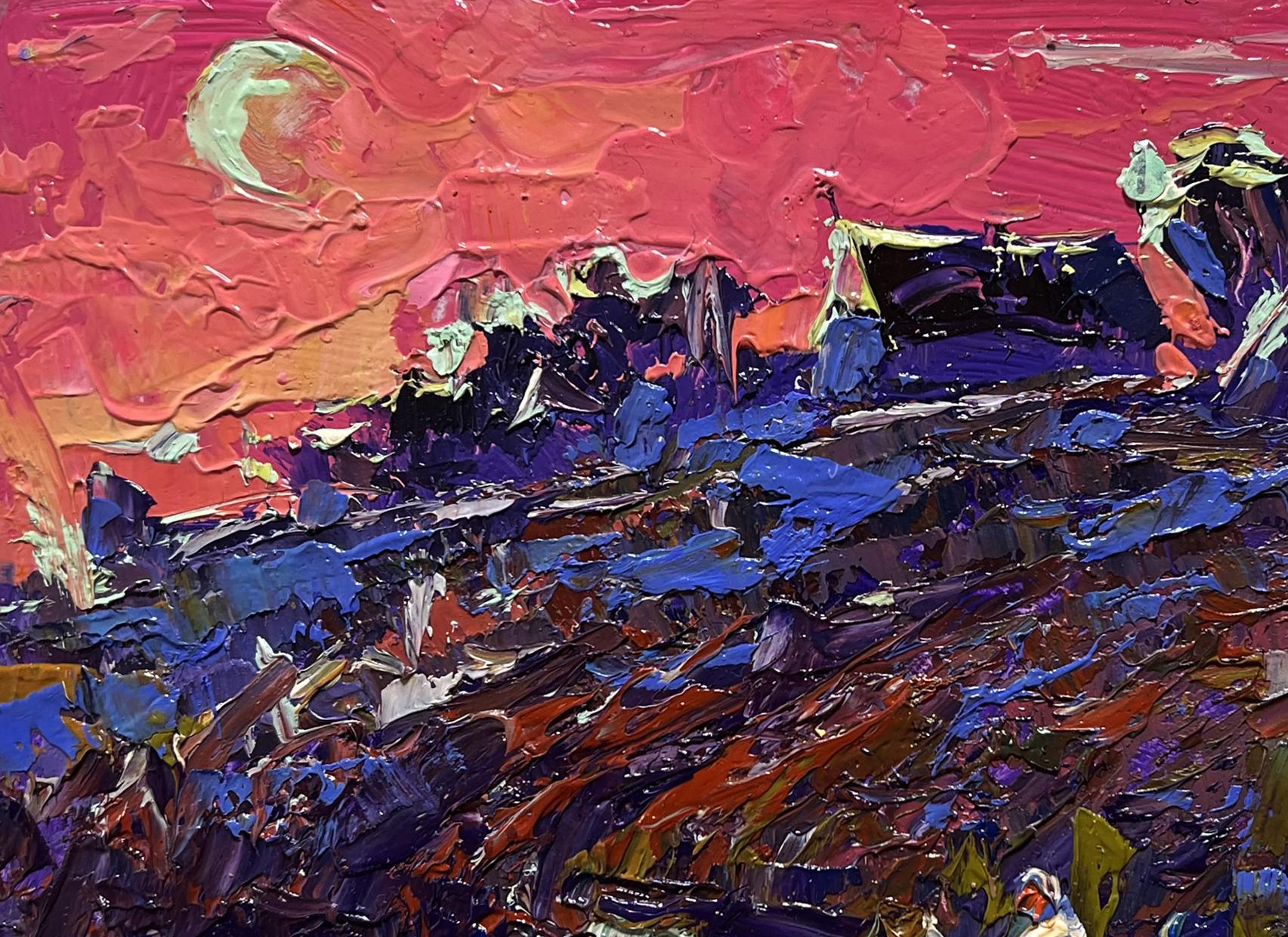Vibrant impressionist oil painting Crimson Evening by the River by Oksana Ivanyuk