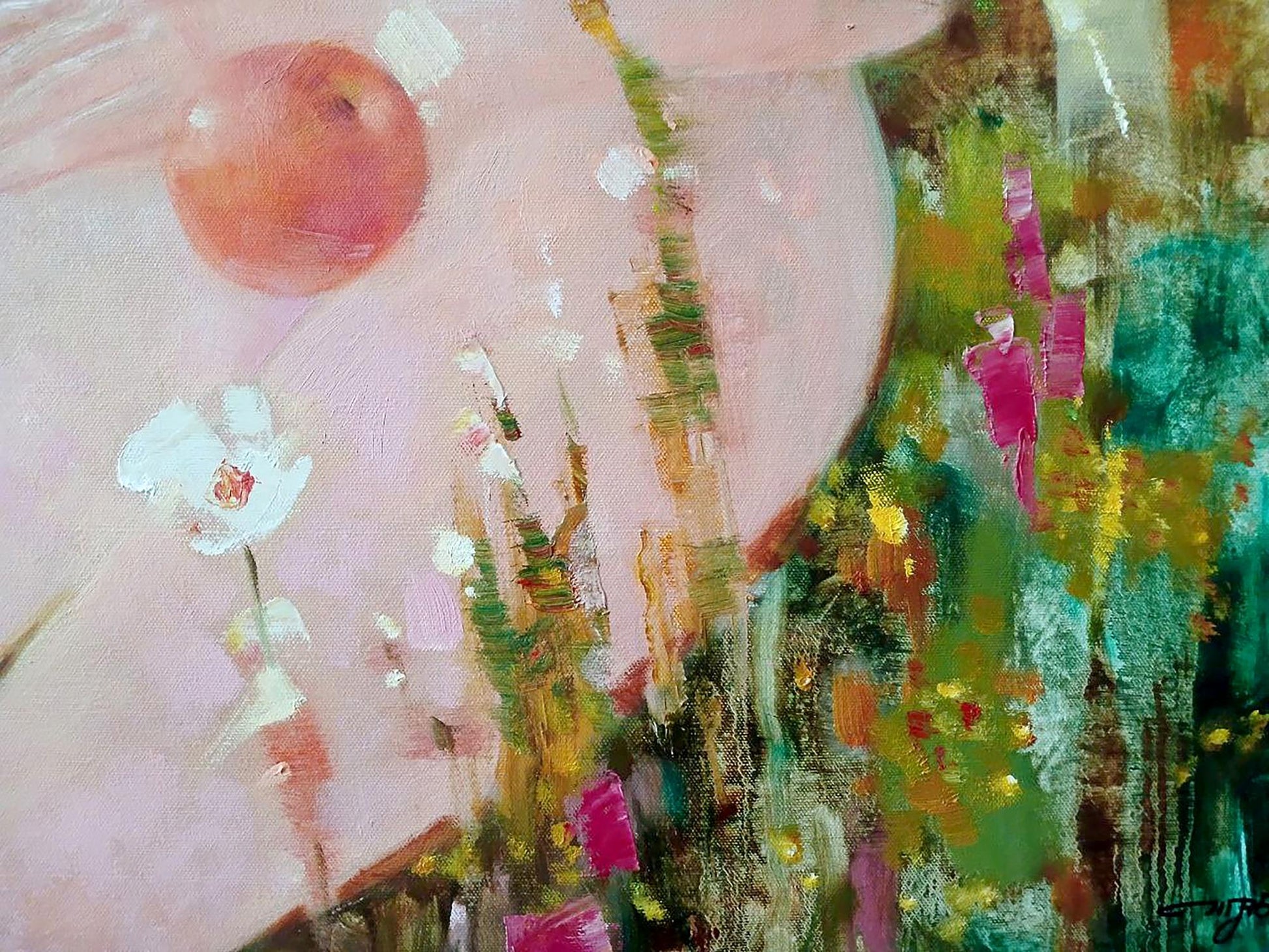 Abstract oil painting Eve by Anatoly Tarabanov with pink green yellow strokes peach orb