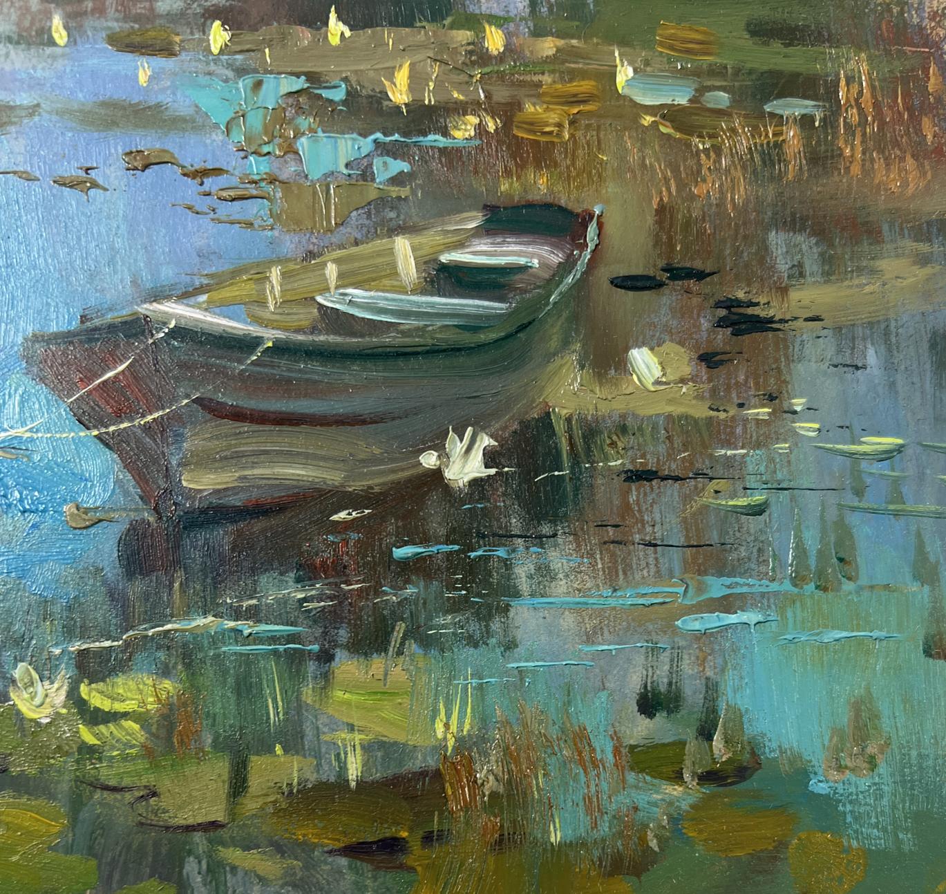 Rustic rowboat in lumber mill oil painting by Yuriy Suprunchuk