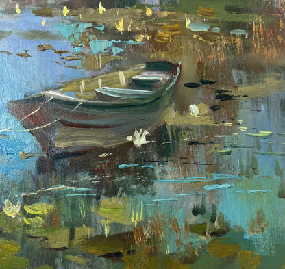Rustic rowboat in lumber mill oil painting by Yuriy Suprunchuk