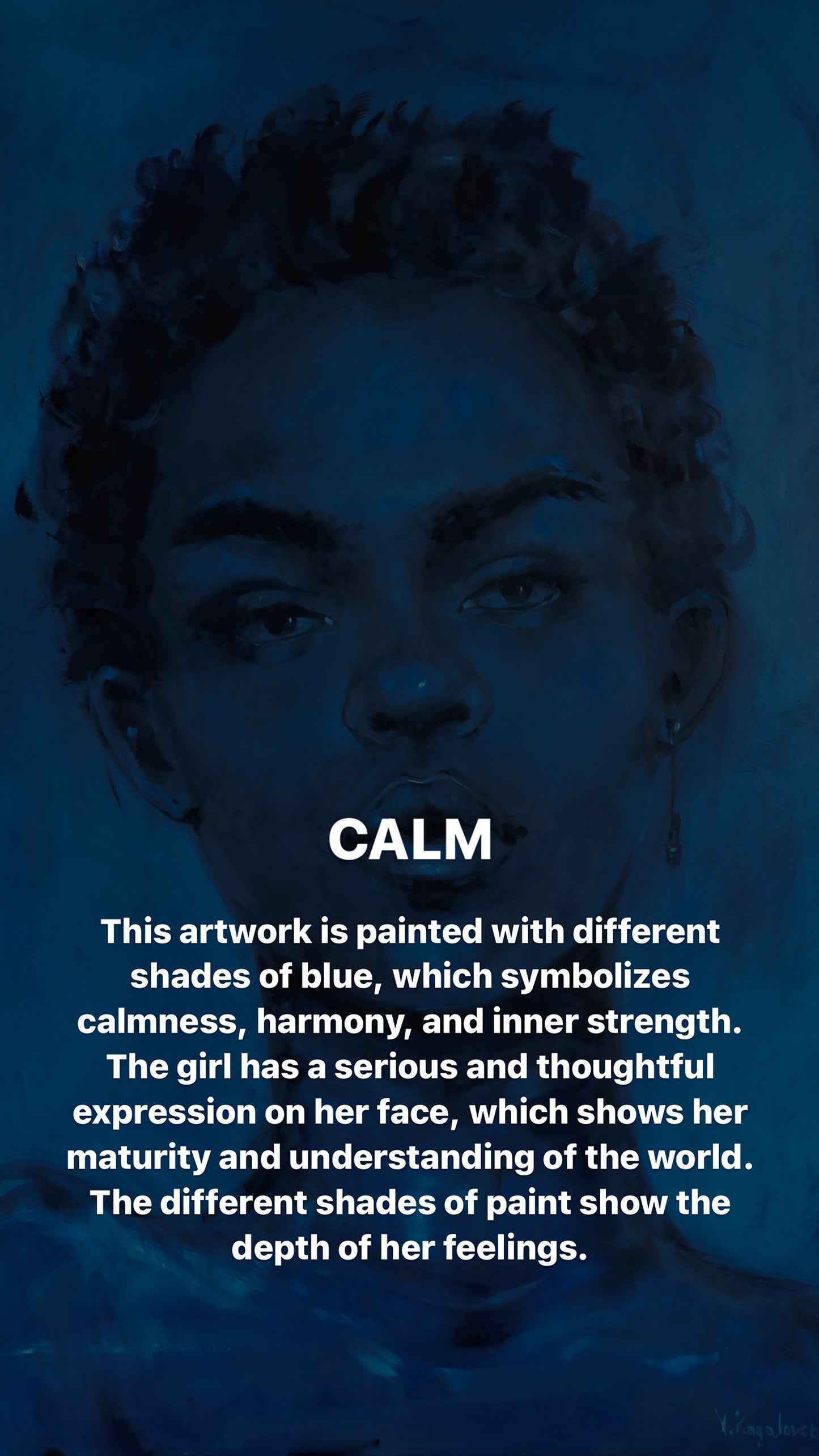 Serene oil painting Calm Victoria Kagalovska of young woman with curly blue hair