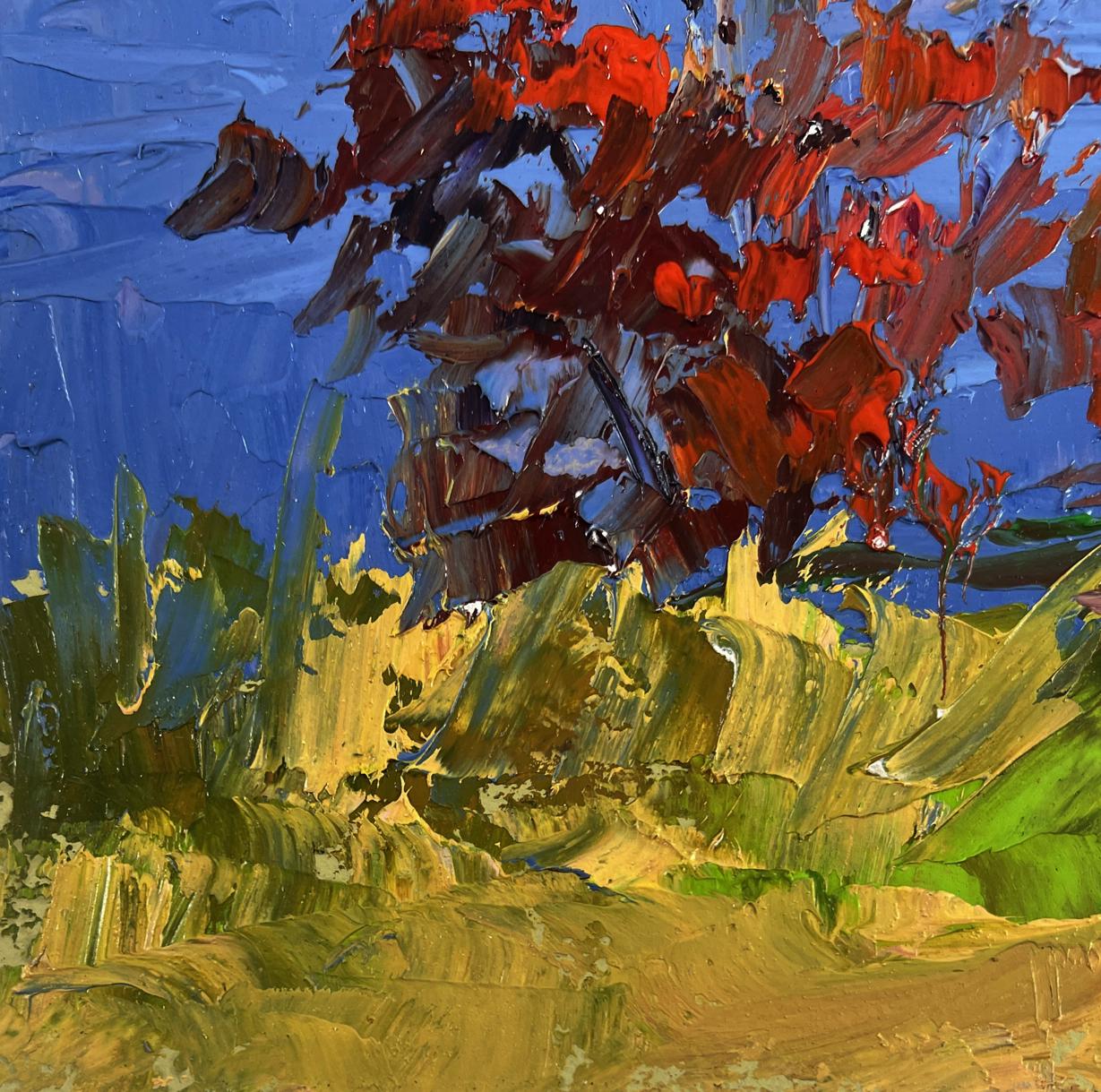 Oil painting of golden trees and blue horizon by Boris Serdyuk
