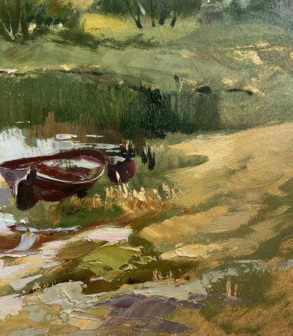 Oil painting of rustic red rowboat on muddy shore by Yuriy Suprunchuk